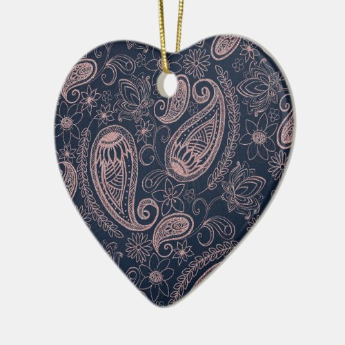 Classy Blue Rose Gold Glitter Paisley Floral Ceramic Ornament