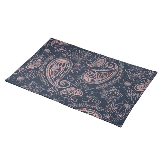 Classy Blue Rose Gold Glitter Paisley Floral Cloth Placemat (On Table)