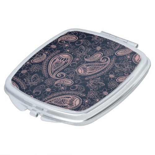 Classy Blue Rose Gold Glitter Paisley Floral Compact Mirror