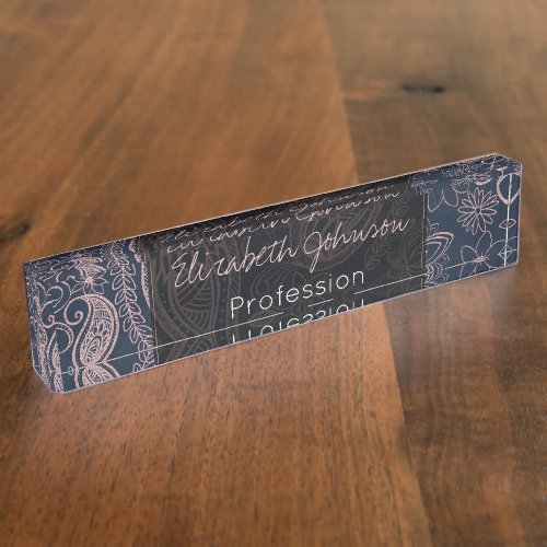 Classy Blue Rose Gold Glitter Paisley Floral Desk Name Plate
