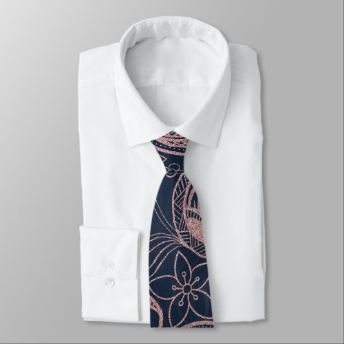 Classy Blue Rose Gold Glitter Paisley Floral Neck Tie
