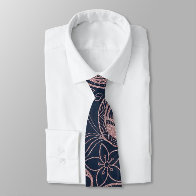 Classy Blue Rose Gold Glitter Paisley Floral Neck Tie (Tied)