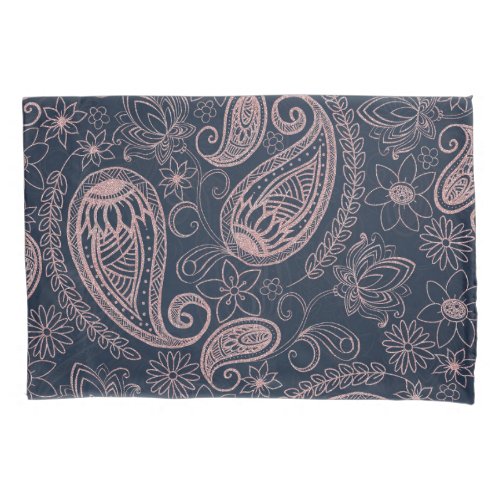 Classy Blue Rose Gold Glitter Paisley Floral Pillow Case