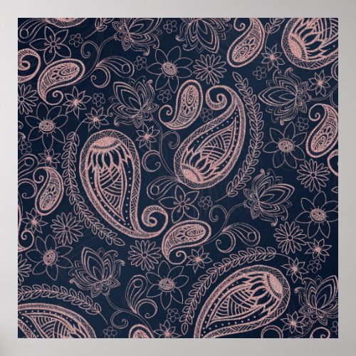 Classy Blue Rose Gold Glitter Paisley Floral Poster
