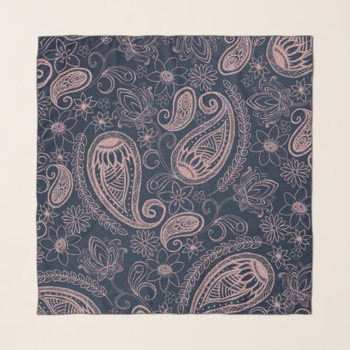 Classy Blue Rose Gold Glitter Paisley Floral Scarf