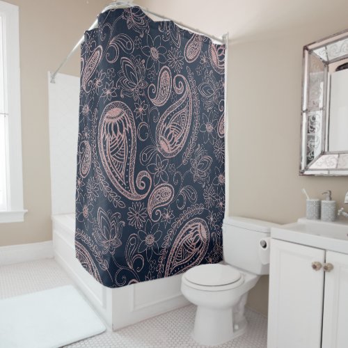 Classy Blue Rose Gold Glitter Paisley Floral Shower Curtain