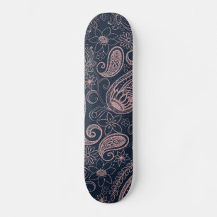 Classy Blue Rose Gold Glitter Paisley Floral Skateboard