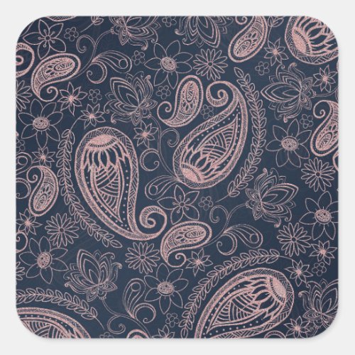 Classy Blue Rose Gold Glitter Paisley Floral Square Sticker
