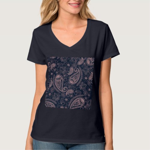 Classy Blue Rose Gold Glitter Paisley Floral T_Shirt