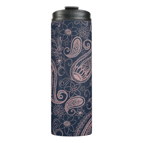 Classy Blue Rose Gold Glitter Paisley Floral Thermal Tumbler