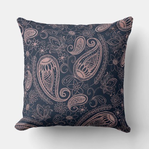 Classy Blue Rose Gold Glitter Paisley Floral Throw Pillow