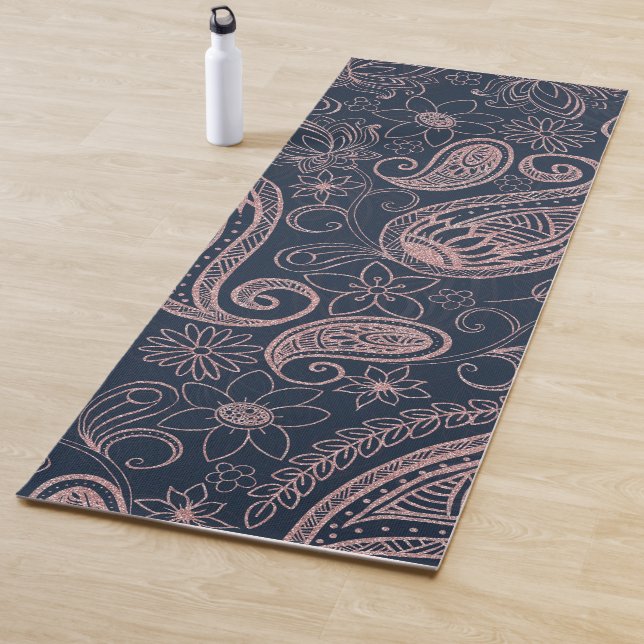Classy Blue Rose Gold Glitter Paisley Floral Yoga Mat (In Situ)