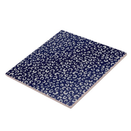 Classy Blue Silver Glitter Leopard Animal Print Ceramic Tile