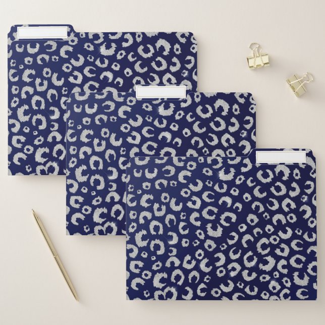 Classy Blue Silver Glitter Leopard Animal Print File Folder (Set)