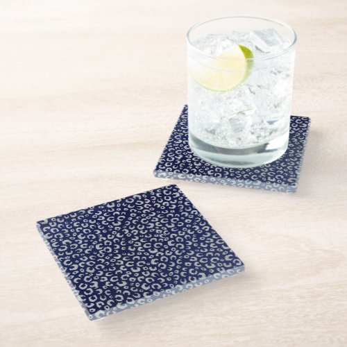 Classy Blue Silver Glitter Leopard Animal Print Glass Coaster