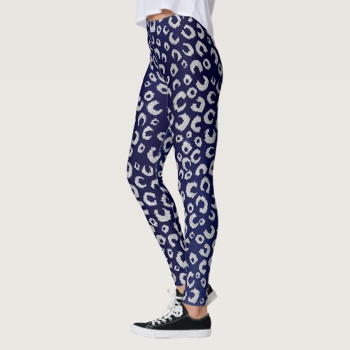 Classy Blue Silver Glitter Leopard Animal Print Leggings