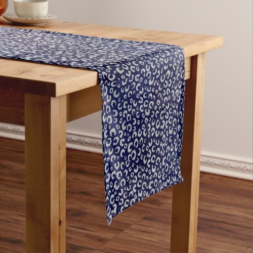 Classy Blue Silver Glitter Leopard Animal Print Short Table Runner