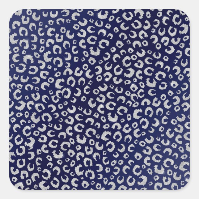 Classy Blue Silver Glitter Leopard Animal Print Square Sticker (Front)