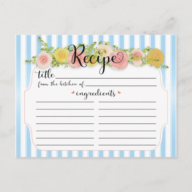 Classy Blue Stripes with Roses Recipe Card (Front)