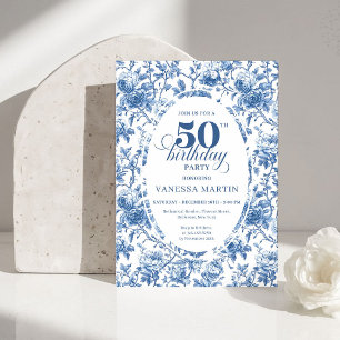Classy Blue Toile de Jouy Floral 50th Birthday  Invitation
