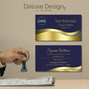 Classy Blue Wavy Gold Decor with Brand Logo Business Card