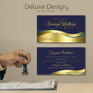 Classy Blue Wavy Gold Decor with Initials Stylish Business Card