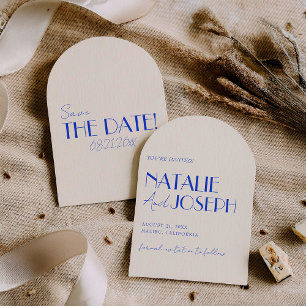 Classy Blue Whimsical Retro Arched Fancy Wedding Save The Date