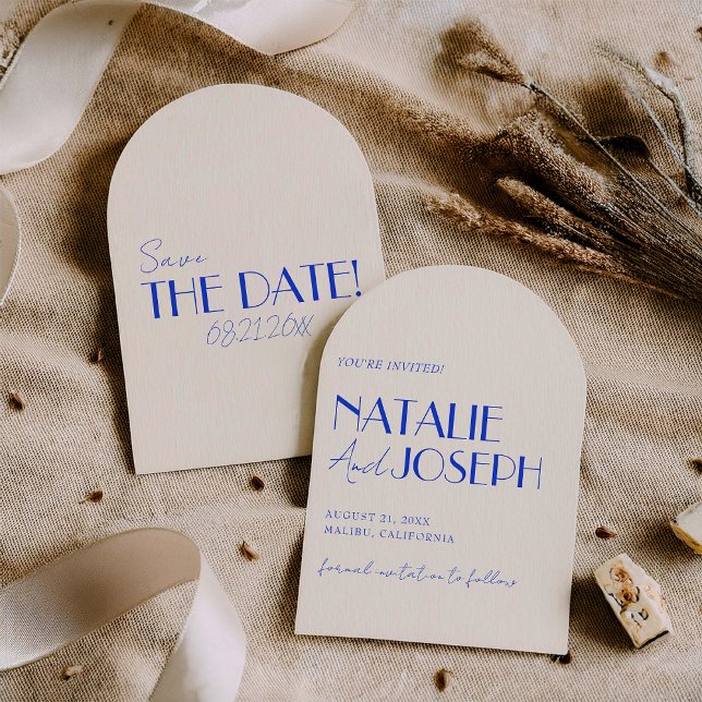 Classy Blue Whimsical Retro Arched Fancy Wedding Save The Date (Creator Uploaded)
