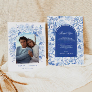 Classy Blue White Chinoiserie Wedding Photo Thank You Card