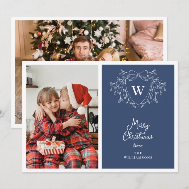 Classy blue & white classy crest 2 photos holiday card (Front/Back)