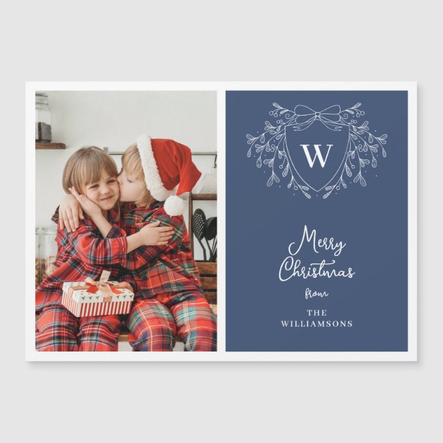 Classy blue & white crest photo magnetic card (Front)