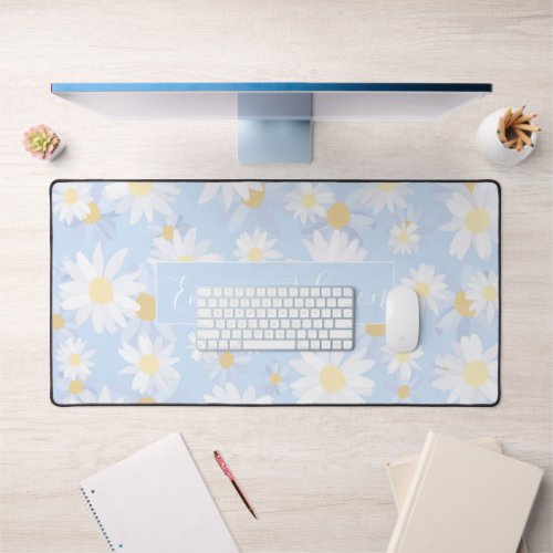 Classy Blue White Daisy Flowers Desk Mat