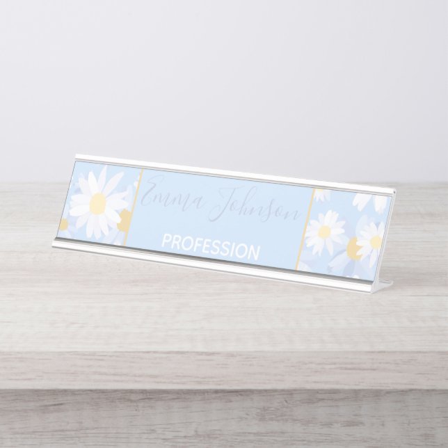 Classy Blue White Daisy Flowers Desk Name Plate (Front)