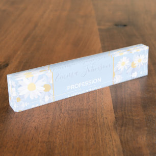 Classy Blue White Daisy Flowers Desk Name Plate