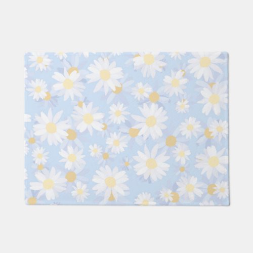 Classy Blue White Daisy Flowers Doormat