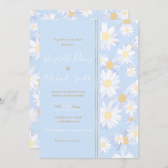 Classy Blue White Daisy Flowers Invitation (Front/Back)