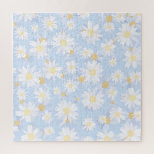 Classy Blue White Daisy Flowers Jigsaw Puzzle