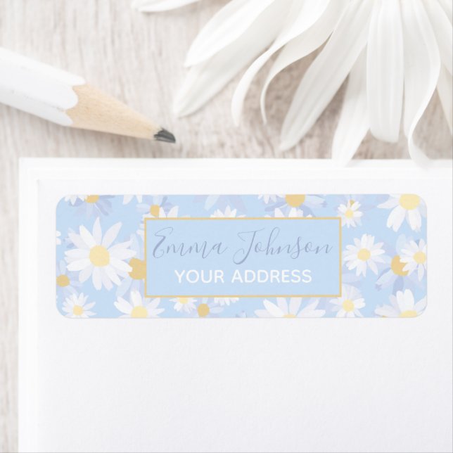 Classy Blue White Daisy Flowers Label (Insitu)