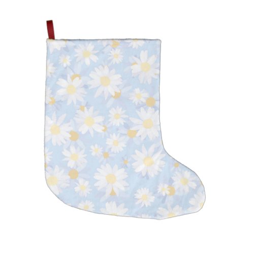 Classy Blue White Daisy Flowers Large Christmas Stocking