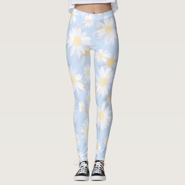 Classy Blue White Daisy Flowers Leggings (Front)