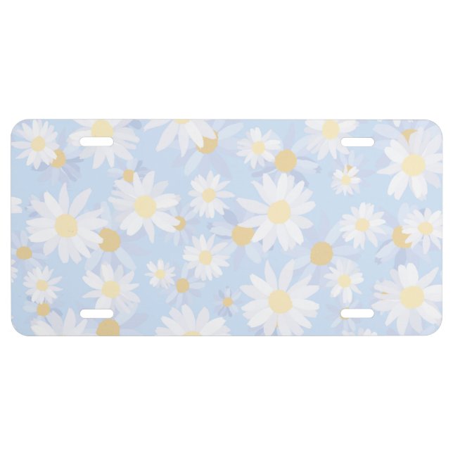 Classy Blue White Daisy Flowers License Plate (Front)