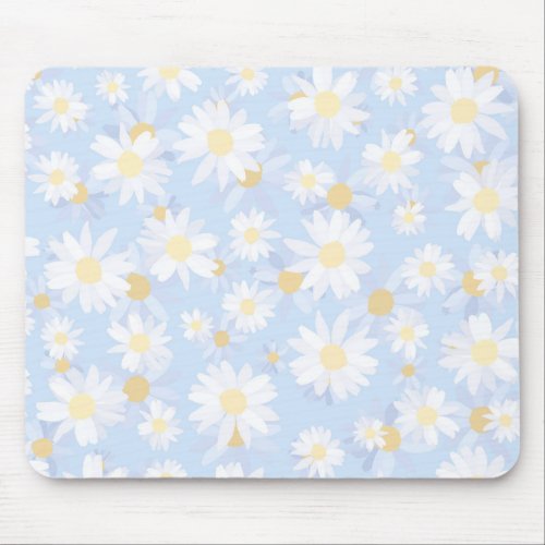 Classy Blue White Daisy Flowers Mouse Pad