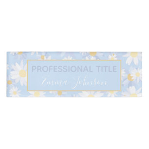 Classy Blue White Daisy Flowers Name Tag