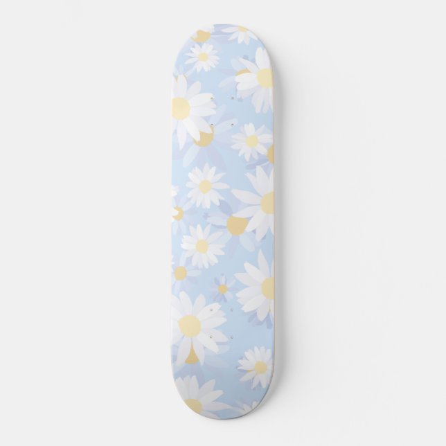 Classy Blue White Daisy Flowers Skateboard (Front)