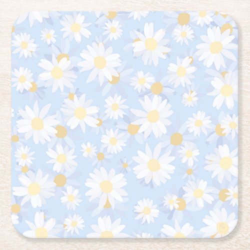 Classy Blue White Daisy Flowers Square Paper Coaster