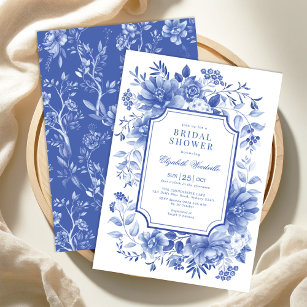 Classy Blue White Floral Chinoiserie Bridal Shower Invitation