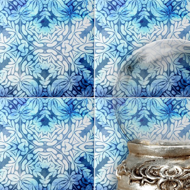 Classy Blue White Leafy Motifs and Floral Elements Ceramic Tile (Creator Uploaded)
