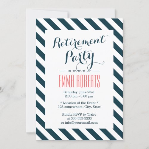 Classy Blue  White Stripes Retirement Party Invitation