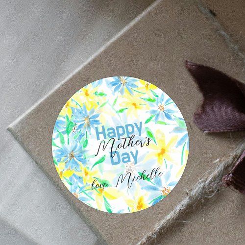 Classy Blue Yellow Watercolor Flowers Mothers Day Classic Round Sticker