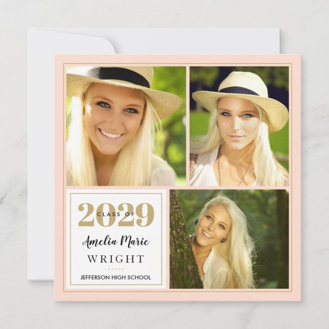 Classy Blush and Gold Photo Collage Graduation Invitation (Front)